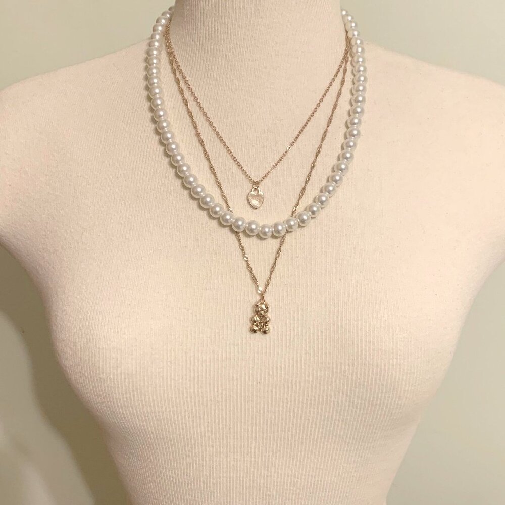 Multi-Layer Pearl & Gold Tone Chain Necklace with Bear Charm - Elegant & Chic